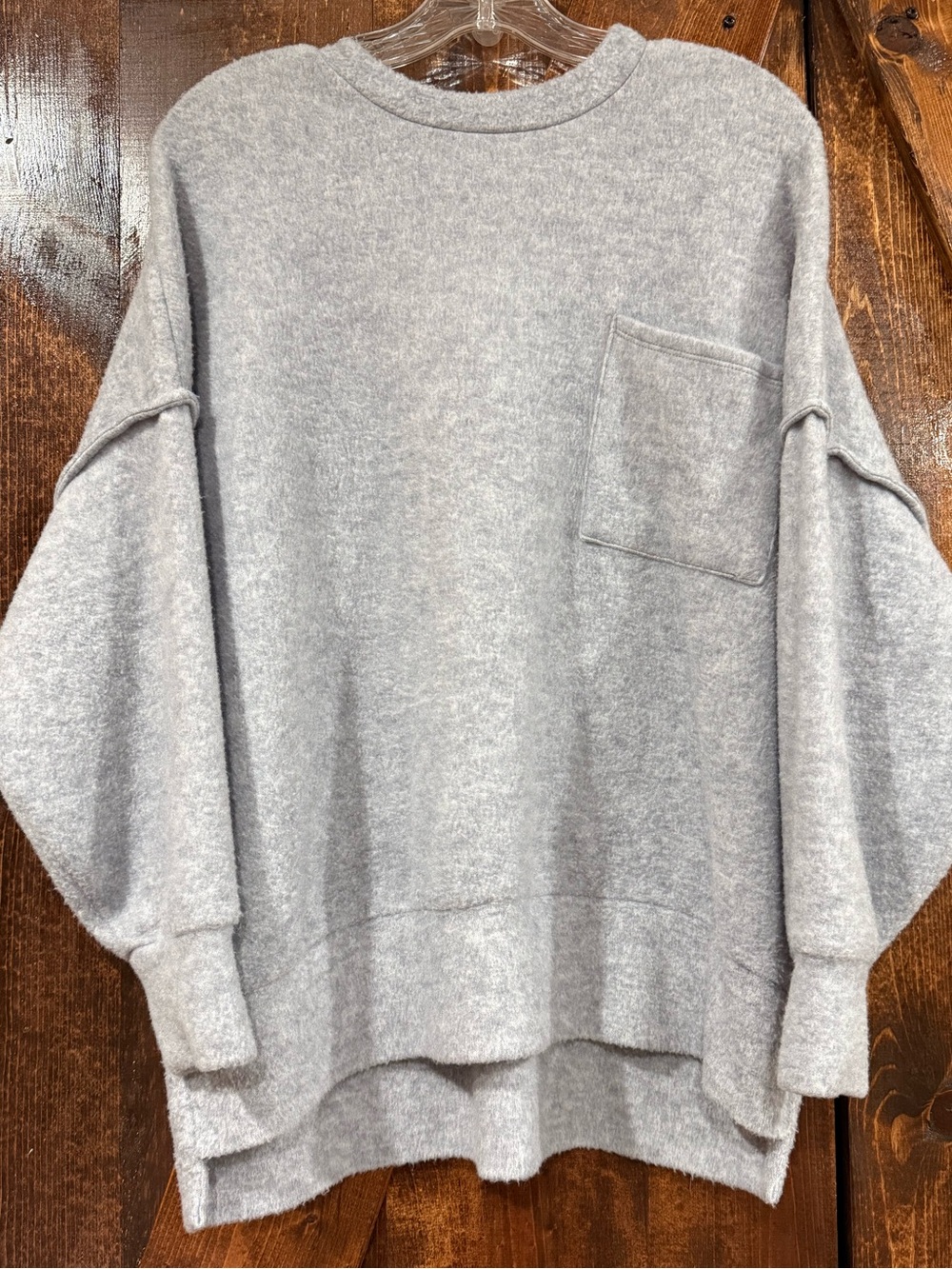 Zenana Outfitters Heather Gray Oversized Crewneck Pocket Sweater